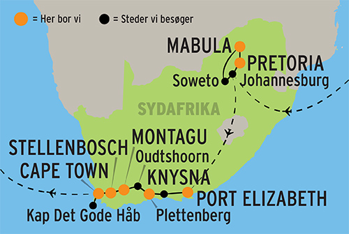 Kort over rejsen til Sydafrika